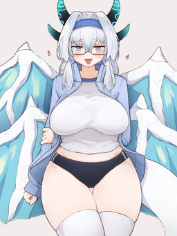 4_horns 4_wings asian_clothing bedroom_eyes big_breasts blush bodily_fluids bottomwear breasts buruma clothing east_asian_clothing eyewear female glasses heart_symbol horn jacket japanese_clothing legwear looking_at_viewer multi_horn multi_wing narrowed_eyes seductive shirt solo sweat thigh_highs topwear wings yonaga monster_musume_td mythology argyro animal_humanoid dragon dragon_humanoid humanoid mythological_creature mythological_scalie scalie 2025 3:4 hi_res