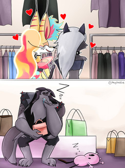 2_panel_comic anthro big_ears black_clothing black_shirt black_topwear blue_hair bodily_fluids bottomwear chest_tuft clothed clothed_anthro clothed_female clothed_male clothing clothing_store collar crop_top drooling eye_scar eyebrow_slit eyebrows eyelashes eyes_closed facial_scar female fur goo_hair grey_body grey_fur grey_hair group hair hand_on_cheek heart_symbol long_eyelashes lying male multicolored_hair on_front on_ground pink_body pink_fur pseudo_hair rear_view saliva scar shirt shopping shopping_bag shorts sitting sleeping sleeveless_jacket sound_effects spiked_collar spikes spots store striped_ears tail text topwear torn_bottomwear torn_clothing torn_shorts tuft twitter_handle vowelless vowelless_sound_effect yellow_body yellow_fur zzz thegiftedfire cartoon_network courage_the_cowardly_dog hellaverse helluva_boss mythology courage_the_cowardly_dog_(character) loona_(helluva_boss) queen_bee-lzebub_(helluva_boss) vortex_(helluva_boss) arthropod bee canid canid_demon canine canis demon domestic_dog fox hellhound hybrid hymenopteran insect mammal mythological_canine mythological_creature wolf 2025 absurd_res artist_name comic hi_res