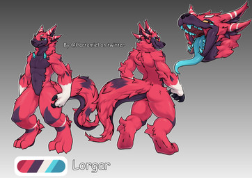 4_ears abs anthro big_claws big_feet blue_tongue claws digitigrade feet fur male multi_ear open_mouth pecs red_body solo spikes tail thick_tail thick_thighs tongue tongue_out yellow_eyes hartomiel lorgar_(ceti') arthropod centipede ceti'_(species) hybrid myriapod hi_res model_sheet