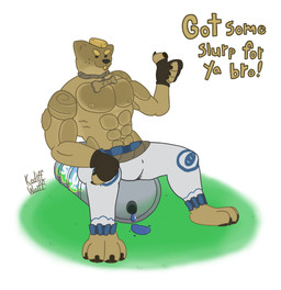abs anthro biceps big_muscles bottomwear clothed clothing fingerless_gloves gesture gloves hand_gesture handwear huge_muscles looking_at_viewer male male_anthro mature_anthro mature_male muscular muscular_anthro muscular_male nipples pants pawpads paws pecs sitting talking_to_viewer text thumbs_up tongue tongue_out topless topless_anthro topless_male kodiff_wolff epic_games fortnite doughberman canid canine canis domestic_dog mammal alternate_version_at_source hi_res