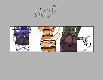 anthro armwear bottomwear breasts brown_body brown_fur butt clothed clothing collared_shirt crop_top crossed_arms detached_sleeves dipstick_tail dress_shirt female fur furgonomic_pants furgonomic_skirt furgonomics gloves group handwear legwear magic_wand magician male markings panties pants pattern_bottomwear pattern_clothing pattern_legwear pattern_panties pattern_thigh_highs pattern_underwear shirt simple_background skirt striped_bottomwear striped_clothing striped_legwear striped_panties striped_thigh_highs striped_underwear stripes tail tail_markings text thigh_highs topwear trio underwear upskirt white_body white_fur high5art canid canine canis domestic_dog mammal 2024 absurd_res digital_drawing_(artwork) digital_media_(artwork) english_text hi_res letterbox signature