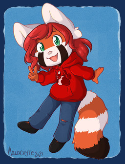 ambiguous_gender anthro biped black_clothing black_footwear black_markings blue_bottomwear blue_clothing blue_pants bottomwear brown_body chibi clothed clothing dipstick_tail eyebrows facial_markings footprint footwear front_view gesture green_eyes hair hand_gesture head_markings hoodie looking_at_viewer markings open_mouth pants pawprint pink_nose red_clothing red_hair red_hoodie red_topwear ring_(marking) ringed_tail short_hair simple_background smile solo striped_markings striped_tail stripes tail tail_markings tongue topwear v_sign white_ears white_markings malachyte spixy ailurid mammal red_panda 2021 alpha_channel clip_studio_paint_(artwork) digital_media_(artwork)