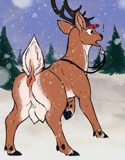 animal_genitalia antlers anus backsack balls cervine_antlers cervine_anus cervine_genitalia clothing evergreen_tree feral genitals hat headgear headwear hooves horn lemon_testicles male plant rear_view red_anus reindeer_antlers snow snowflake snowing snowing_outside solo tree whistle_(object) yonnixart rankin/bass rudolph_the_red-nosed_reindeer_(tv_special) comet_(reindeer) cervine deer mammal new_world_deer reindeer absurd_res hi_res