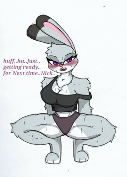 anthro big_breasts blush bodily_fluids breasts cleavage clothed clothing dialogue dipstick_ears ear_markings exercise female fur grey_body grey_fur markings midriff multicolored_ears off_shoulder open_mouth pink_nose shirt simple_background solo spread_legs spreading sweat tank_top text thick_thighs topwear white_background pace-maker disney zootopia judy_hopps lagomorph leporid mammal rabbit english_text hi_res