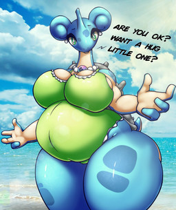 4_fingers anthro beach belly big_breasts blue_body breasts clothing cloud ear_piercing ear_ring evolutionary_stone eyelashes female fingers gem green_eyes green_outfit jewelry mega_stone multicolored_body necklace overweight pearl_(gem) pearl_necklace piercing ring_piercing sea seaside shell sky solo swimwear tail text thick_thighs water z_dragon nintendo pokemon generation_1_pokemon lapras pokemon_(species) digital_drawing_(artwork) digital_media_(artwork) hi_res