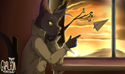 anthro biped furniture male paper_airplane papercraft sitting solo sunset table window yellow_eyes 55mango morenatsu shin_kuroi domestic_cat felid feline felis mammal 2015 hi_res