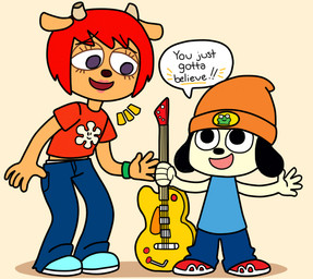 clothed clothing duo electric_guitar female guitar male musical_instrument plucked_string_instrument string_instrument rockyroller parappa_the_rapper sony_corporation sony_interactive_entertainment um_jammer_lammy lammy_lamb parappa bovid canid canine canis caprine domestic_dog mammal sheep