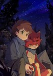 anthro blush brown_hair campfire camping duo hair hand_holding horn male male/male red_body sky star starry_sky yellow_eyes kabo_lab bandai_namco digimon digimon_ghost_game hiro_amanokawa betelgammamon digimon_(species) human mammal scalie hi_res