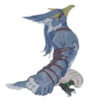 anthro arms_tied bdsm beak blue_body blue_feathers bondage bound claws feathers feet green_eyes hair kneeling long_hair male nude rear_view restraints rope rope_bondage rope_harness solo talons toes wings i_am_falling_ash breath_of_the_wild nintendo the_legend_of_zelda revali avian rito hi_res