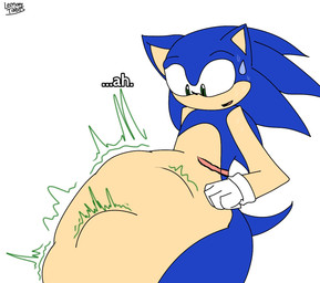 abdominal_bulge anthro awkward_smile blue_body blue_fur bodily_fluids clothing dialogue fur gloves green_eyes handwear male male_pred mastectomy_scar scar simple_background solo standing sweat sweatdrop text unwilling_prey vore white_background white_clothing white_gloves white_handwear lemonytibbits sega sonic_the_hedgehog_(series) sonic_the_hedgehog eulipotyphlan hedgehog mammal 2025 colored english_text hi_res watermark