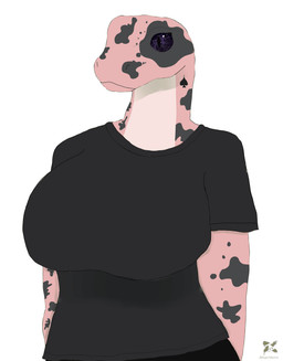 anthro big_breasts black_bottomwear black_clothing black_shirt black_shorts black_spots black_topwear bottomwear breasts clothed clothing dark_sclera female pink_body purple_sclera shirt shorts solo spots tattoo topwear reptile scalie snake hi_res