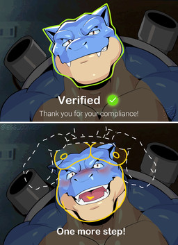 anthro barazoku belly biped blue_body blush brown_eyes cannon clothed clothing clothing_lift logo male muscular muscular_anthro muscular_male navel open_mouth pecs ranged_weapon shell shirt shirt_lift smile smirk smug solo surprised tan_body teeth text topwear verification weapon egg_concept face_verification_meme nintendo pokemon blastoise generation_1_pokemon pokemon_(species) 2025 artist_logo artist_name colored comic english_text hi_res meme shaded