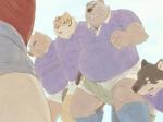 anthro belly bottomwear clothing group humanoid_hands male overweight overweight_male shirt shorts simple_background topwear amamiya bear canid canine canis domestic_dog felid mammal pantherine suid suina sus_(pig) tiger wild_boar 2012 4:3