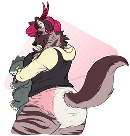 anthro black_sclera blush blush_lines clean_diaper clothed clothing curly_hair diaper female hair holding_object holding_plushie hoodie horn object_in_mouth pacifier pacifier_in_mouth pink_hair plushie side_view smile solo thick_thighs topwear wearing_diaper eviescribbles mythology bri_(kalash) canid canid_demon canine demon hellhound hyena mammal mythological_canine mythological_creature hi_res