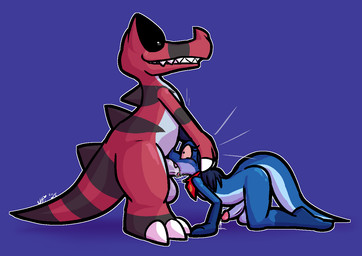 all_fours anthro anthro_on_anthro anthro_penetrated anthro_penetrating anthro_penetrating_anthro balls big_dom_small_sub black_body black_eyes black_scales black_stripes blue_balls blue_body blue_penis blue_scales bodily_fluids claws cum cum_on_ground cum_string cute_fangs deep_throat dominant dominant_anthro dominant_male ejaculation erection fangs finger_claws genital_fluids genitals glans grey_balls grey_body grey_eyes grey_penis grey_scales grin hands-free head_grab humanoid_genitalia humanoid_penis larger_anthro larger_male male male/male male_penetrated male_penetrating male_penetrating_male oral oral_penetration penetration penis pink_glans pink_sclera purple_background red_body red_scales rough_sex scales sex sharp_teeth side_view simple_background size_difference smaller_anthro smaller_male smaller_penetrated smile standing striped_body striped_scales stripes submissive submissive_anthro submissive_male teeth white_claws ultilix nintendo pokemon ulti_(ultilix) generation_5_pokemon krookodile lizard pokemon_(species) reptile scalie 2025