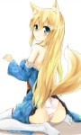 bare_shoulders blonde_hair blue_eyes blush butt clothing female hair legwear long_hair looking_back panties simple_background sitting solo tail thigh_highs underwear wariza white_background konozawa aoi_futaba animal_humanoid canid canid_humanoid canine canine_humanoid fox fox_humanoid humanoid mammal mammal_humanoid 3:5 hi_res