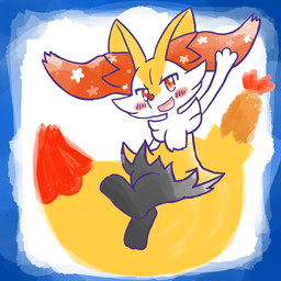 ambiguous_anthro ambiguous_gender anthro big_tail biped blush blush_stickers border digitigrade dipstick_tail food front_view gesture markings object_in_tail open_mouth open_smile shrimp_(food) simple_background smile snout solo tail tail_markings waving waving_at_viewer annyui0611 nintendo pokemon braixen canid generation_6_pokemon mammal pokemon_(species) 1:1 2024 digital_drawing_(artwork) digital_media_(artwork) full-length_portrait hi_res japanese_description portrait translated_description