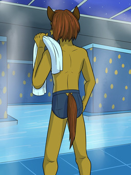 anthro bath bathhouse briefs briefs_only clothed clothing furgonomics holding_object holding_towel male rear_view solo topless towel underwear underwear_only water fuze stardew_valley protagonist_(stardew_valley) ambiguous_species 3:4 hi_res