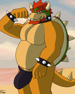 anthro beach beard bulge clothed clothing clothing_pull facial_hair flexing genitals grin grinning_at_viewer looking_at_viewer male musclegut muscular partially_clothed penis smile smiling_at_viewer solo spikes standing teasing teasing_viewer underwear fwankie mario_bros nintendo bowser koopa scalie 4:5 absurd_res hi_res