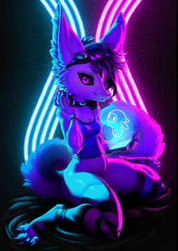 anthro bottomless bracelet clothed clothing collar electronics eyewear female fur goggles headphones hologram jewelry legwear looking_at_viewer purple_eyes smile smiling_at_viewer solo technology thigh_highs white_body white_fur azuza adra_(tiddles) canid canine fennec_fox fox mammal true_fox absurd_res hi_res