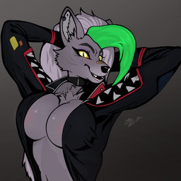 bottomless breasts cleavage clothed clothing collar ear_piercing ear_ring eyebrows eyelashes eyeshadow fangs female fur fur_markings glowing glowing_eyes green_hair grey_body grey_fur grey_hair hair inner_ear_fluff jacket jacket_only makeup markings mole_(marking) navel patch_(fabric) piercing ring_piercing simple_background solo teeth topwear topwear_only tuft yellow_eyes 8zeon five_nights_at_freddy's five_nights_at_freddy's:_security_breach scottgames steel_wool_studios roxanne_wolf canid canine canis humanoid mammal wolf 1:1 2023 digital_media_(artwork) hi_res