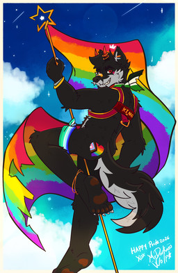anthro cosmic_background lgbt_pride male nude pride_color_accessory pride_color_flag pride_colors progressive_pride_flag sky solo star starry_background starry_sky tasteful_nudity mrdarknesswolf lgbt_pride_month dantalos canid canine canis demon hybrid mammal wolf hi_res