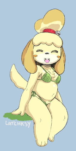 anthro bell bell_collar bikini biped blue_background breasts chest_tuft clothed clothed_anthro clothed_female clothing collar eyes_closed feet female fingers front_view fur green_bikini green_clothing green_swimwear happy humanoid_hands looking_at_viewer medium_breasts open_mouth open_smile simple_background sitting skimpy smile solo swimwear tail text toes tuft two-piece_swimsuit yellow_body yellow_fur latchk3y animal_crossing nintendo isabelle_(animal_crossing) canid canine canis domestic_dog mammal shih_tzu toy_dog 2020 artist_name colored shaded