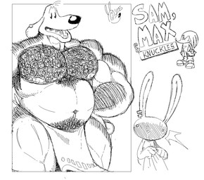 anthro arm_hair big_muscles black_nose body_hair clothing ear_piercing flustered group hairy_pecs hairy_thighs holding_cloth holding_object long_ears male muscular navel open_mouth piercing pubes sharp_teeth simple_background size_difference standing teeth text trio underwear dogmanart sam_and_max sega sonic_the_hedgehog_(series) knuckles_the_echidna max_(sam_and_max) samuel_dog canid canine canis domestic_dog echidna lagomorph leporid mammal monotreme rabbit 2025 dated monochrome signature