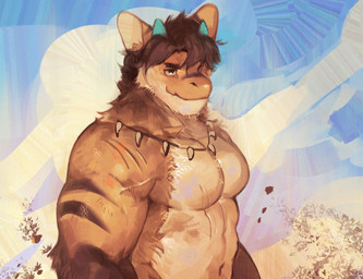 2_horns anthro big_muscles blue_horn brown_body brown_fur brown_hair fur hair horn jewelry male multicolored_eyes muscular muscular_anthro muscular_male necklace necklace_only nude pecs solo standing white_body white_fur hemuchang european_mythology mythology dragon furred_dragon furred_scalie mythological_creature mythological_scalie scalie western_dragon 2022 half-length_portrait hi_res portrait