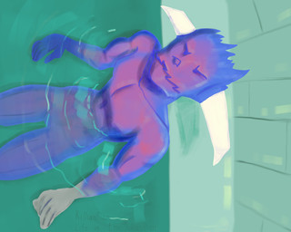 anthro bath bathing bathroom big_muscles biped blue_body blue_eyes blue_fur eyes_closed fur grey_body grey_fur horn male muscular muscular_male nude partially_submerged purple_body purple_fur sharp_teeth sideways solo teeth tile tile_wall tiled_background turquoise_background wall_(structure) water white_horn killianllian brierd peligar species_request unknown_species 5:4 digital_media_(artwork) digital_painting_(artwork) green_theme hi_res painting_(artwork) restricted_palette