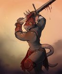 anthro armor blood bodily_fluids bottomwear clothing headgear helmet knee_pads loincloth male melee_weapon simple_background solo sword weapon meganfruity warhammer_(franchise) mammal murid murine rat rodent skaven hi_res