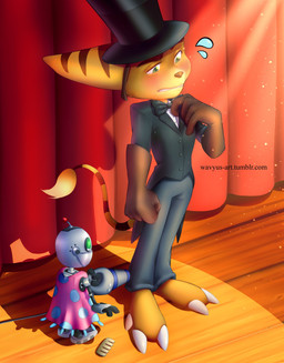 3_toes 5_fingers anthro barefoot blush bodily_fluids bow_tie brown_body brown_fur clothed clothing dress duo feet fingers fur gentleman hat headgear headwear machine male stage stage_lights stripes suit sweat sweatdrop toes top_hat ratchet_and_clank sony_corporation sony_interactive_entertainment clank_(ratchet_and_clank) ratchet_(ratchet_and_clank) felid feline humanoid lombax mammal robot absurd_res hi_res