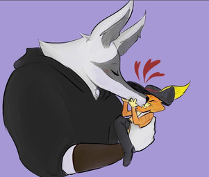 anthro arm_wrapping arm_wraps black_clothing blush boots caressing caressing_face cloak clothed clothing duo ears_up eyes_closed facial_markings footwear fur fuzzy hand_held hand_on_face handheld hat head_markings headgear headwear heart_symbol holding_another holding_partner kiss_on_lips kissing love male male/male markings mask_(marking) orange_body orange_fur pointy_ears poncho prick_ears purple_background romantic romantic_couple shoes simple_background size_difference whiskers white_body white_fur wrapped_arms wraps alessandro_(artist) dreamworks puss_in_boots_(franchise) death_(puss_in_boots) puss_in_boots_(dreamworks) canid canine canis domestic_cat felid feline felis mammal tabby_cat wolf