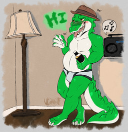 alcohol anthro beer belly beverage boombox bottle breath briefs clothing container drunk green_body hat headgear headwear lamp male multicolored_body music solo substance_intoxication text trilby underwear white_body anonymous_artist cregon alligator alligatorid crocodile crocodilian reptile scalie hi_res