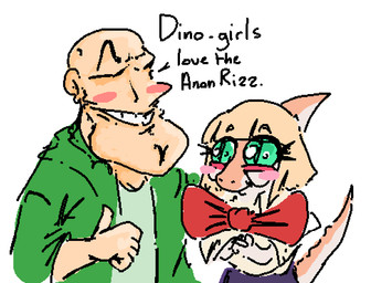 anthro bald big_chin blonde_hair blush bob_cut bone_frill bow_ribbon clothing dialogue duo eyelashes female frill_(anatomy) gesture green_clothing green_jacket green_topwear hair hand_gesture jacket light-skinned_male light_body light_skin long_tail male orange_body orange_scales scales short_hair simple_background smile tail teal_eyes text thumbs_up topwear white_background faustanon cavemanon_studios goodbye_volcano_high ko_op_(game_developer) snoot_game anon_(snoot_game) naomi_(gvh) ceratopsian ceratopsid chasmosaurine dinosaur human mammal marginocephalian ornithischian prehistoric_species reptile scalie triceratops 2025 digital_drawing_(artwork) digital_media_(artwork) english_text