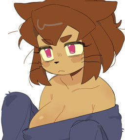 :< anthro big_breasts blush breasts brown_hair cleavage clothed clothing collarbone eyebrows female fur glistening glistening_breasts hair magenta_eyes messy_hair oversized_clothing oversized_sweater oversized_topwear simple_background solo sweater tan_body tan_fur topwear triangle_nose whiskers white_background str4wberris0da gameoverse glitch_productions kit_bodega domestic_cat felid feline felis mammal hi_res