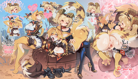 4_toes 5_fingers accessory ahegao anthro anus band_(marking) banded_tail big_breasts big_butt black_body black_clothing black_fur black_leggings black_legwear blonde_hair blush blush_lines bodily_fluids bottomwear breasts butt butt_grab cleavage cleavage_overflow clothed clothing collar cross-popping_vein denim denim_bottomwear denim_clothing denim_shorts dialogue dominant dominant_human drooling duo emanata eyewear eyewear_on_head feet female female/female female_anthro female_human fingering fingers front_view fur furniture genitals glasses glasses_on_head hair hair_accessory hair_tie hand_on_butt heart_symbol hip_bag human_on_anthro interspecies legband leggings legwear looking_pleasured markings midriff multicolored_body multicolored_fur multiple_angles pawpads paws pink_anus pink_pawpads pink_vulva pulled_down_shorts purring rear_view saliva saliva_on_tongue secretly_loves_it shirt shorts sleeves sofa sparkles submissive submissive_anthro submissive_female tail tail_markings tan_body tan_fur tank_top text thick_thighs thighband tight_clothing toes topwear vaginal vaginal_fingering vulva white_body white_clothing white_fur white_inner_ear white_shirt white_tank_top white_topwear y_anus yellow_body yellow_ears yellow_fur ulitochka mihoyo zenless_zone_zero burnice_white pulchra_fellini felid feline human mammal 2026 digital_drawing_(artwork) digital_media_(artwork) english_text hi_res