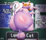 balls bell bell_collar big_balls big_butt butt card card_game collar gaming genitals male musk musk_clouds overweight overweight_male solo solo_focus speech_bubble text el_booki balatro maneki-neko domestic_cat felid feline felis mammal absurd_res hi_res