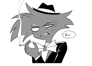 clothed clothing disgusted_face hat headgear headwear male multi_eye simple_background solo speech_bubble white_background enaic31 hazbin_hotel hellaverse arackniss_(hazbin_hotel) arachnid arthropod demon humanoid spider hi_res monochrome