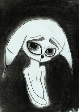 anthro big_eyes bilemirth eyebrows female long_ears nude paws sad solo standing white_body young young_female unhappy893 lagomorph mammal absurd_res graphite_(artwork) hi_res sketch traditional_media_(artwork)