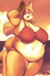 anthro belly big_belly big_breasts bikini black_nose breasts clothing female fur hair huge_breasts navel overweight overweight_anthro overweight_female slightly_chubby solo sunset swimwear thick_thighs two-piece_swimsuit yellow_body yellow_fur akitaka canid canine fox mammal 2019