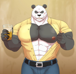 abs anthro belt beverage biceps bottomwear cigarette cigarette_in_mouth cigarette_smoke claws clothed clothing container cup eye_scar facial_scar looking_at_viewer male muscular muscular_anthro muscular_male nipples object_in_mouth pants pecs pink_nipples presenting scar shirt simple_background smile smoke solo tea topwear unbuttoned unbuttoned_shirt jabuhusky beastars gouhin_(beastars) bear giant_panda mammal 2021 absurd_res hi_res