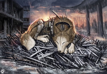 4_toes ambiguous_gender day detailed_background eyes_closed feet feral outside paws raining sky solo toes flashw canid canine canis mammal wolf 2021 digital_media_(artwork) digital_painting_(artwork) painting_(artwork)