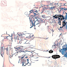 6_limbs ambiguous_gender beverage bodily_fluids cloak clothed clothed_humanoid clothing container cup cybernetics exclamation_point female feral floating_eyes group hand_to_face hat headgear headwear holding_container holding_cup holding_object horn logo machine male mask parasite question_mark running solo standing tail tail_motion tailwag tears text trio m0r1bund corru.observer fan_character alien arthropod cyborg humanoid obesk zuzucri 1:1 2025 artist_logo english_text hi_res multiple_images restricted_palette signature