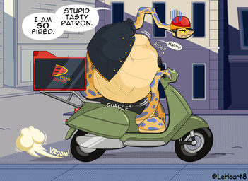 after_vore armor belly big_belly delivery_(commerce) duo female female_pred feral food_delivery headgear helmet motorcycle outside overweight pizza_delivery speech_bubble text vehicle vore yellow_body yellow_sclera leheart reptile scalie snake 2023 absurd_res hi_res