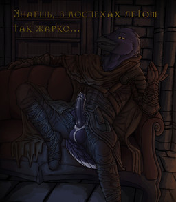 anthro armor black_body black_fur black_penis bodily_fluids book bottomwear bottomwear_down castle cloak clothed clothing fur furniture genital_fluids genitals male on_sofa pants pants_down partially_clothed penis pubes sitting sitting_on_sofa sofa solo text white_pubes yellow_eyes atrax dark_souls fromsoftware vandevald avian bird corvid corvus_(genus) oscine passerine raven hi_res russian_text