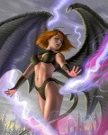 black_nails breasts clothed clothing colored_nails destruction electricity energy female hair lightning membrane_(anatomy) membranous_wings nails not_furry orange_hair outside seductive skimpy sky solo wings alangutierrezart monster_rancher tecmo demon humanoid pixie pixie_(monster_rancher)