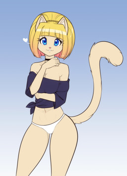 anthro arm_under_breasts blonde_hair blue_eyes breasts choker clothing cocked_hip collarbone eyebrow_through_hair eyebrows eyelashes female fur hair heart_symbol jewelry midriff necklace panties shirt smile solo tan_body tan_fur tied_shirt topwear translucent translucent_hair underwear white_clothing white_panties white_underwear scorpdk domestic_cat felid feline felis mammal 2026 absurd_res hi_res