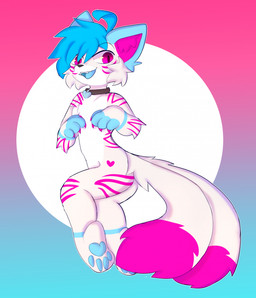 2_tails ahoge anthro blue_hair blue_pawpads cheek_tuft claws collar collar_only dipstick_tail facial_tuft fur hair heart_(marking) inner_ear_fluff male markings midair multi_tail nude open_mouth open_smile pawpads paws pink_claws pink_eyes pink_markings pupils short_hair slit_pupils smile solo striped_markings stripes tail tail_markings teeth tuft white_body white_fur appliei canid canine fox mammal 2023 colored digital_drawing_(artwork) digital_media_(artwork) hi_res shaded