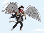 anthro black_hair black_nose brown_body brown_fur brown_hair clothed clothing duo feathered_wings feathers flying fur green_eyes hair jacket male red_body red_fur simple_background topwear white_background wings yellow_eyes metal_(artist) sam_the_angel_fox yuri_catslash canid canine domestic_cat felid feline felis fox mammal 2015 digital_media_(artwork)